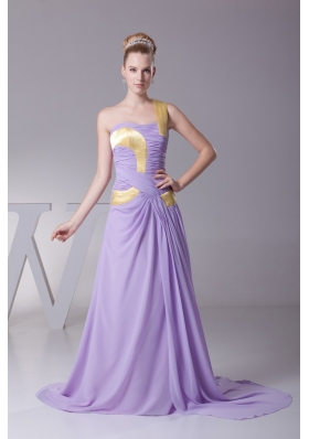 Lavender One Shoulder Ruched Brush Train Prom Dress