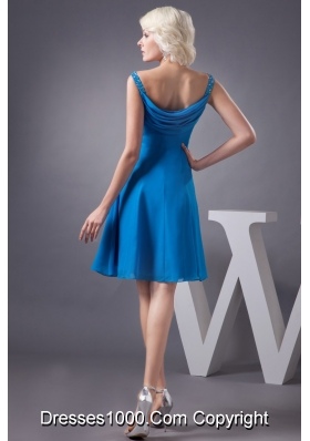 Off-the-Shoulder Mini-length Blue Chiffon Prom Gown Dress