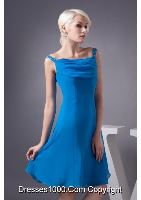 Off-the-Shoulder Mini-length Blue Chiffon Prom Gown Dress