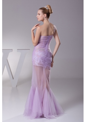 One Shoulder Mermaid Ruching Prom Dresses in Lavender with Sheer Waist