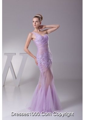 One Shoulder Mermaid Ruching Prom Dresses in Lavender with Sheer Waist