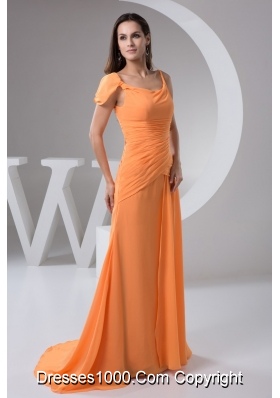 Orange Column Chiffon Prom Holiday Dress with Brush Train 2013