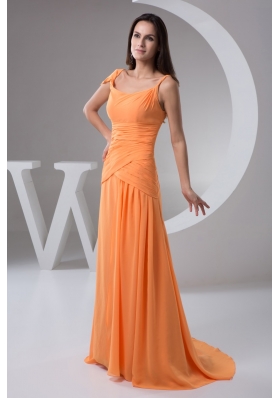 Orange Column Chiffon Prom Holiday Dress with Brush Train 2013