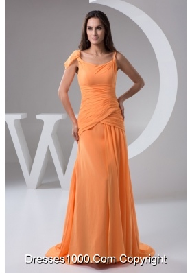 Orange Column Chiffon Prom Holiday Dress with Brush Train 2013