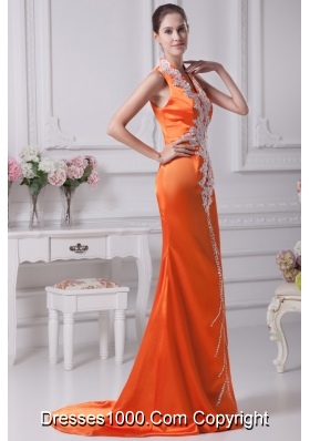 Orange Red V-neck Brush Train Prom Gowns with White Appliques