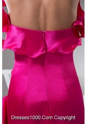 Outstanding Hot Pink loor-length Flounced Halter Top Prom Dress