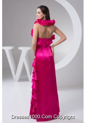 Outstanding Hot Pink loor-length Flounced Halter Top Prom Dress