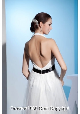 Pretty Halter Top Ruched White Bridal Dresses with the Back Out