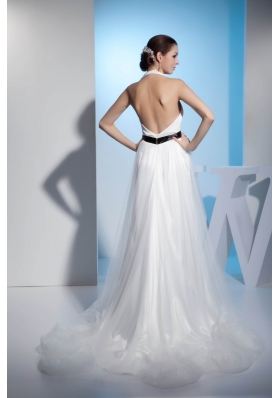 Pretty Halter Top Ruched White Bridal Dresses with the Back Out