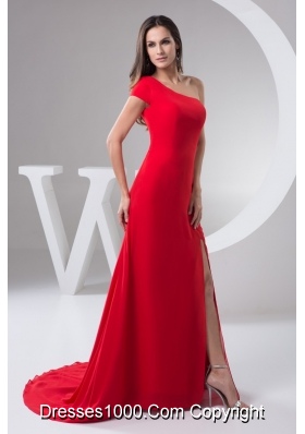 Red Brush Train Prom Holiday Dress with One Shoulder and High Slit