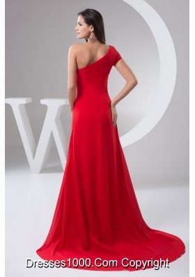 Red Brush Train Prom Holiday Dress with One Shoulder and High Slit