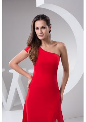 Red Brush Train Prom Holiday Dress with One Shoulder and High Slit