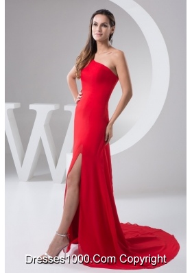 Red Brush Train Prom Holiday Dress with One Shoulder and High Slit