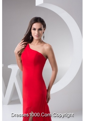 Red Brush Train Prom Holiday Dress with One Shoulder and High Slit