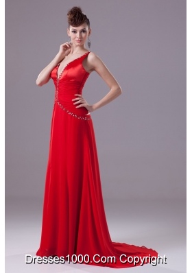 Red V-neck Brush Train Prom Dresses with Beading and Ruching