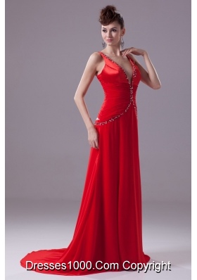 Red V-neck Brush Train Prom Dresses with Beading and Ruching