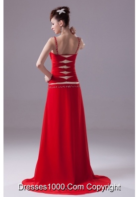 Red V-neck Brush Train Prom Dresses with Beading and Ruching