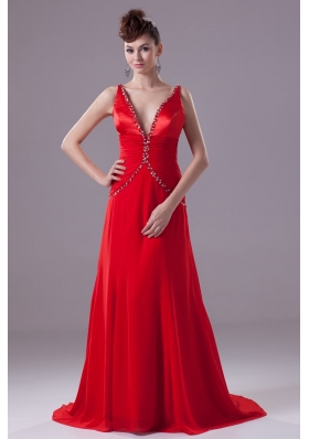Red V-neck Brush Train Prom Dresses with Beading and Ruching