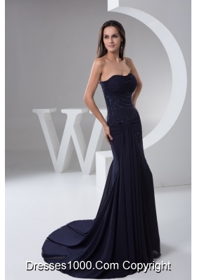 Ruched and Beaded Chiffon Prom formal Dress in Navy Blue 2013