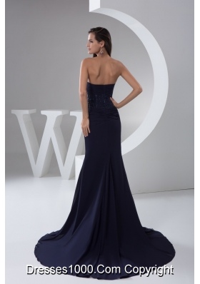 Ruched and Beaded Chiffon Prom formal Dress in Navy Blue 2013