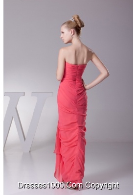 Ruched Sweetheart Column Full Length Chiffon Prom Gowns in Watermelon