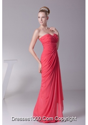 Ruched Sweetheart Column Full Length Chiffon Prom Gowns in Watermelon