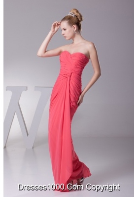 Ruched Sweetheart Column Full Length Chiffon Prom Gowns in Watermelon