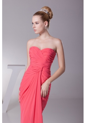 Ruched Sweetheart Column Full Length Chiffon Prom Gowns in Watermelon