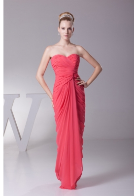 Ruched Sweetheart Column Full Length Chiffon Prom Gowns in Watermelon