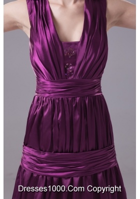 Ruching and Bowknot Decorated Ankle-length Purple Prom Dresses