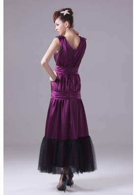 Ruching and Bowknot Decorated Ankle-length Purple Prom Dresses