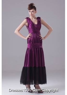 Ruching and Bowknot Decorated Ankle-length Purple Prom Dresses