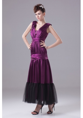 Ruching and Bowknot Decorated Ankle-length Purple Prom Dresses