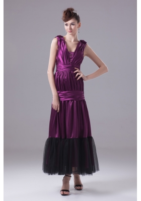 Ruching and Bowknot Decorated Ankle-length Purple Prom Dresses