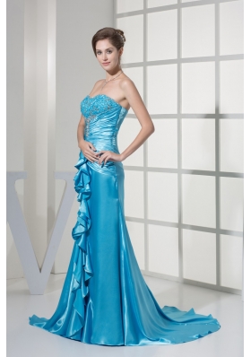 Ruching Embroidery Ruffles Slit Sweetheart Prom Dress with Brush Train