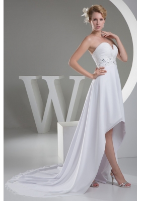 Sexy Sweetheart High-low Beaded Ruched White Wedding Dress