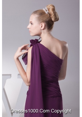 Sheath Purple One Shoulder Hand Made Flowers Prom Dresses