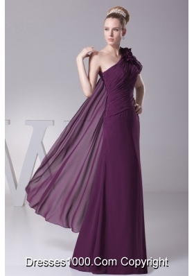 Sheath Purple One Shoulder Hand Made Flowers Prom Dresses