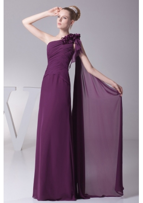 Sheath Purple One Shoulder Hand Made Flowers Prom Dresses