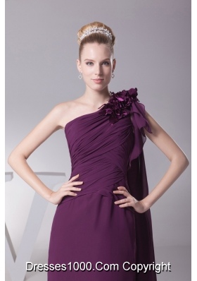 Sheath Purple One Shoulder Hand Made Flowers Prom Dresses