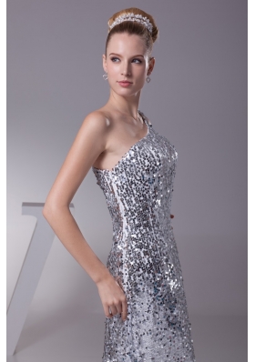 Silver Sheath Sequin Single Shoulder Prom Gowns For Beauties