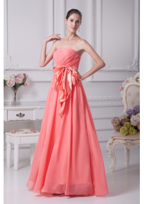 Strapless Floor-length Prom Dresses with Bowknot Ribbon