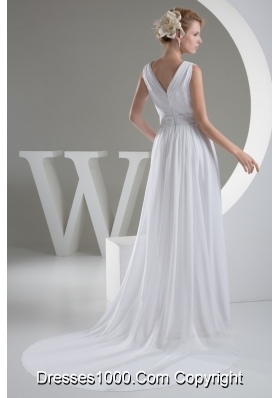 Surplice Neck Beaded Pleated White Wedding Dress Watteau Train