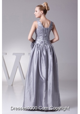 V-neck Appliques Beading and Hand Made Flowers Ruching Prom Dresses