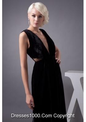 V-neck Black Floor-length Prom Party Dress with Cut Out Waist