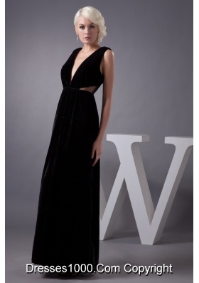 V-neck Black Floor-length Prom Party Dress with Cut Out Waist