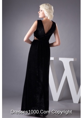 V-neck Black Floor-length Prom Party Dress with Cut Out Waist