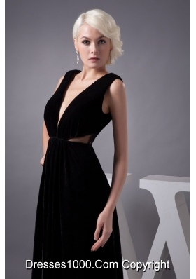 V-neck Black Floor-length Prom Party Dress with Cut Out Waist