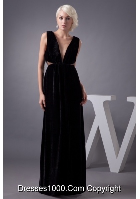 V-neck Black Floor-length Prom Party Dress with Cut Out Waist