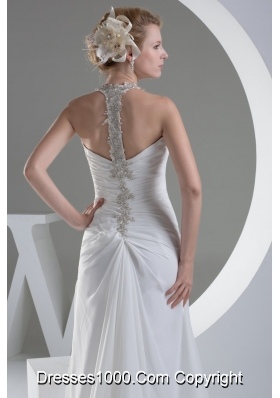 White Halter Top Ruched Wedding Dress with Appliques and Beading